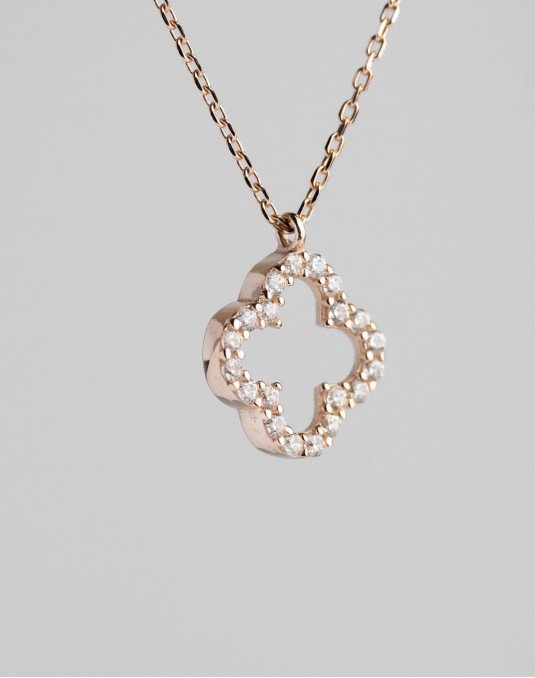 Grandinėlė su pakabuku -Dobiliukas su cirkonio kristalais. Rausvas auksas, praba 585 | Aukseja.lt