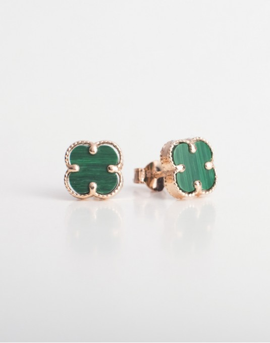 585 rausvo aukso auskarai Dobiliukai su žaliu malachitu 8 × 8 mm | Aukseja.lt