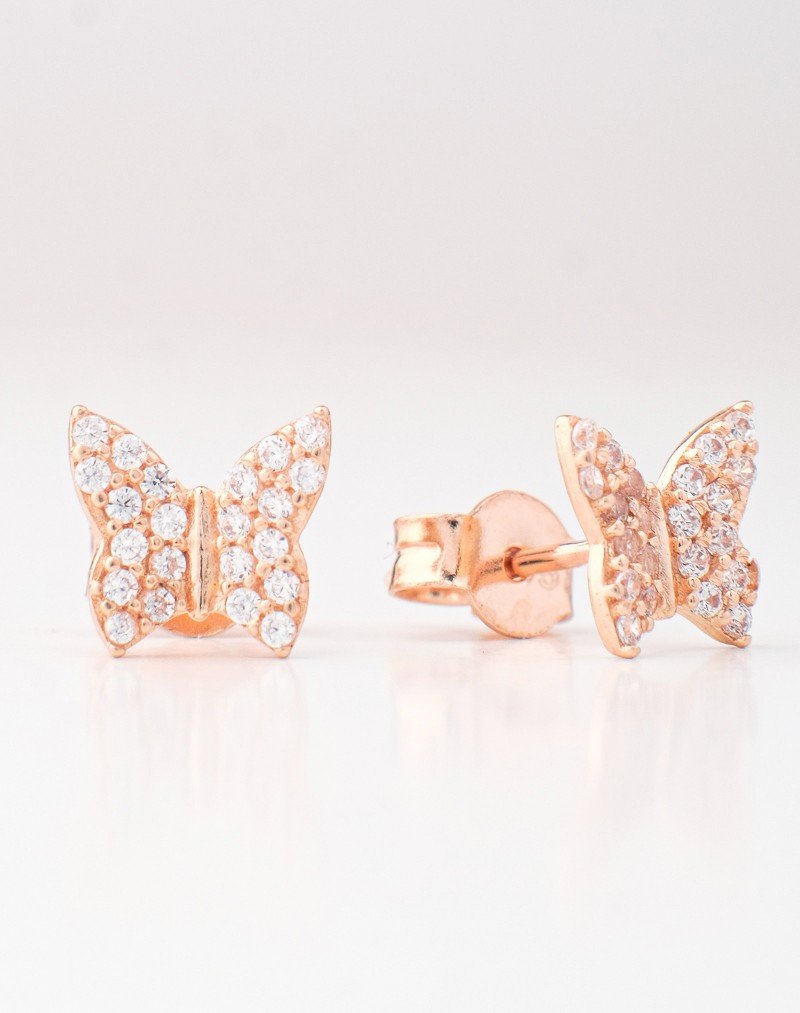 Auskarai - Drugeliai puošti cirkonio kristalais. Rausvas auksas, praba 585 | Aukseja.lt