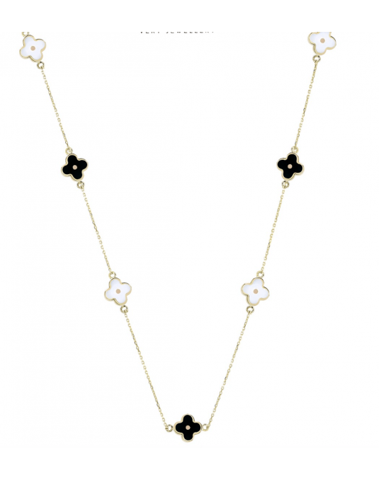 Grandinėlė su juodais ir baltais dobiliukais. Rausvas auksas, praba 585 | Aukseja.lt