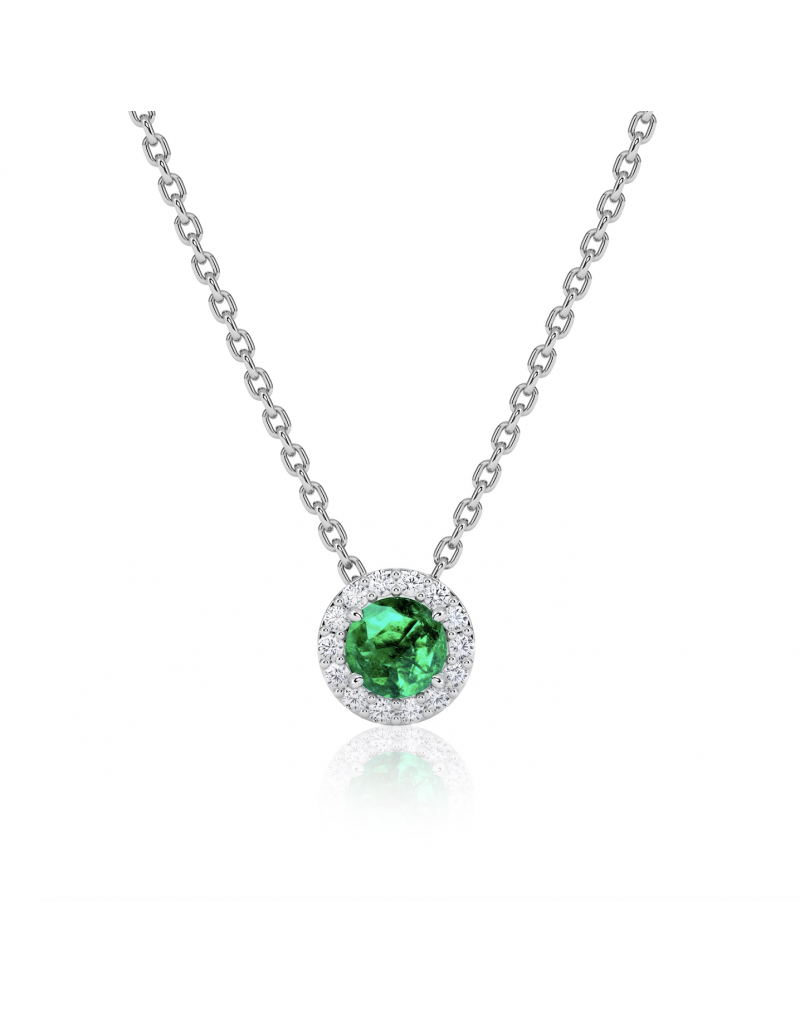 Grandinėlė su pakabuku - Halo su deimantais ir smaragdais. Baltas auksas, praba 585 | Aukseja.lt